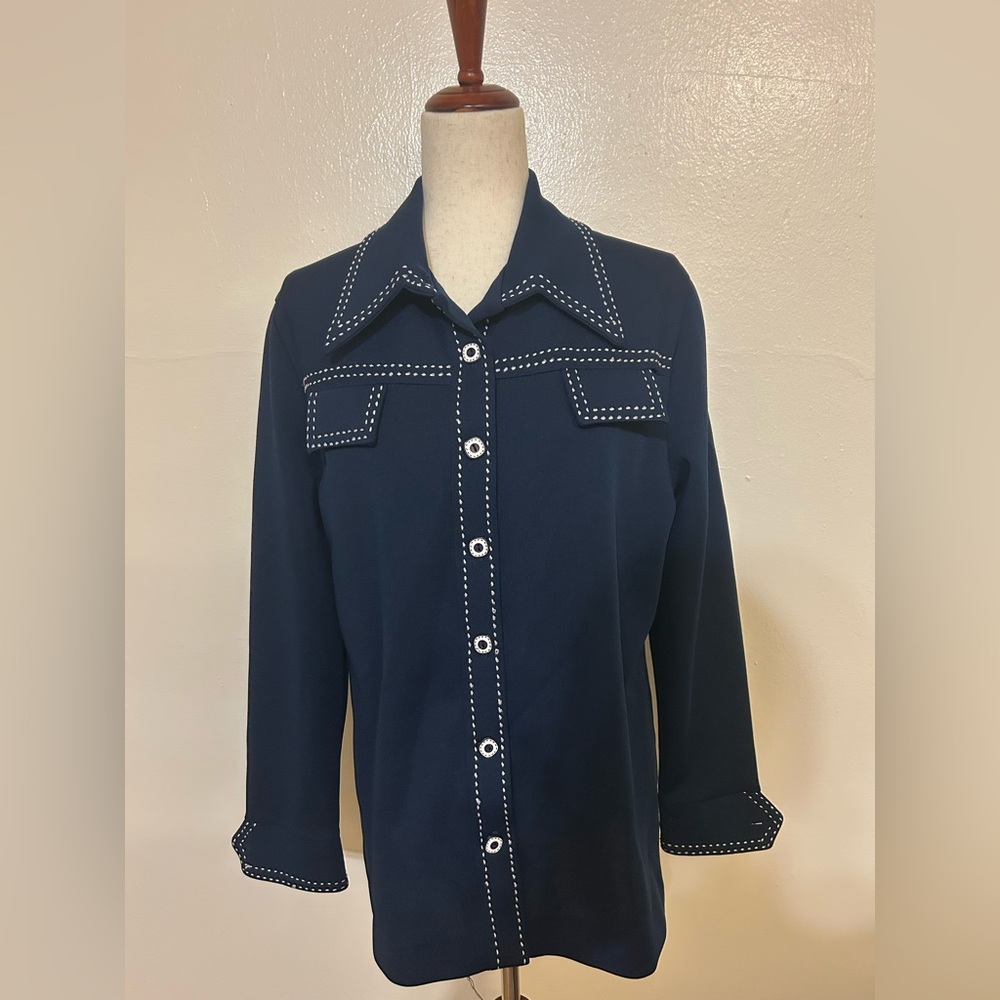 Navy Button-Up Shirt with White Pop Stitching